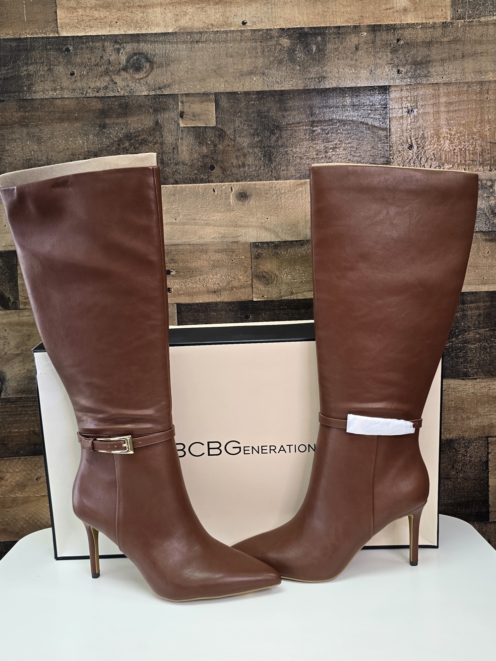 BCBGeneration Brown Leather Knee-High Stiletto Boot with Buckle Size 11M